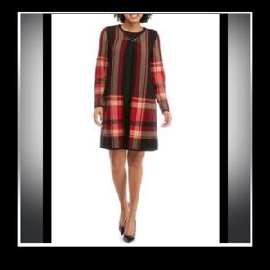 Jones Studio Red Black and Tan Plaid Longer Length Cardigan with Snap Buckle L